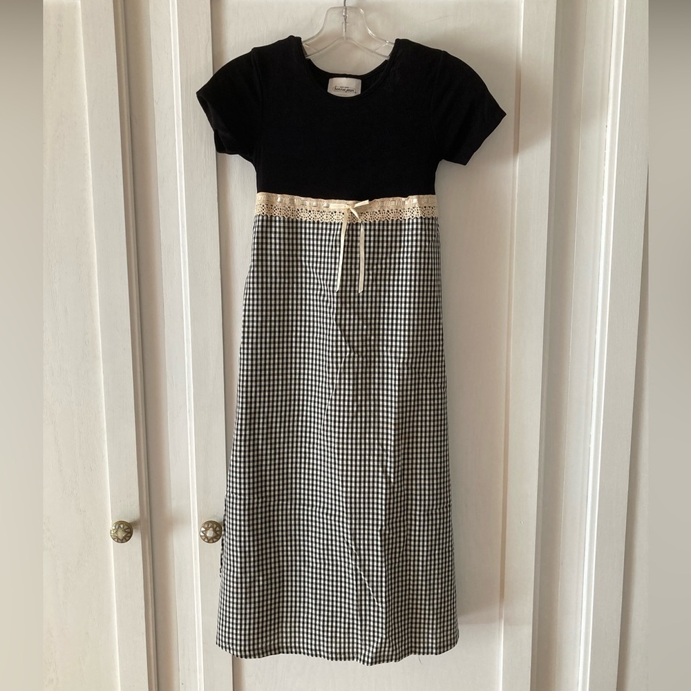VTG NY Bonnie Jean Black Gingham Dress with Cream Lace Trim
